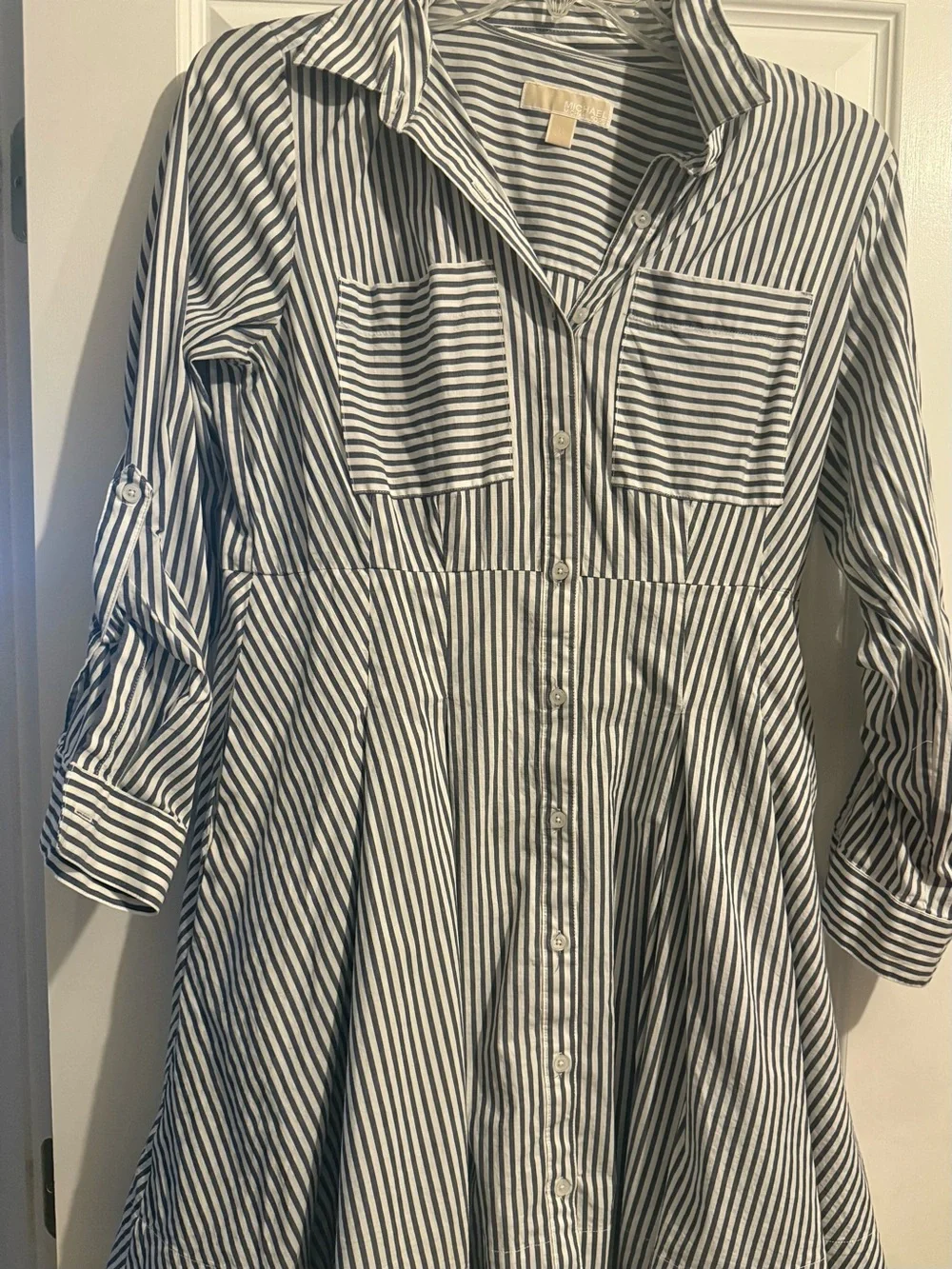 Michael Kors Women’s Black and White Striped Button-Down Dress
